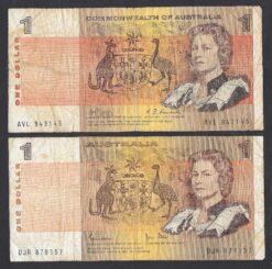 Coppia banconote da 1 dollaro australiano del 1969 e 1982 (Queen Elizabeth II)