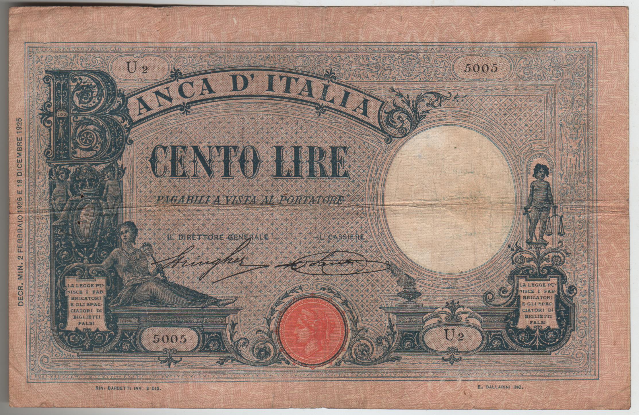 Banconota da 100 lire tipo Barbetti modificato azzurro d.m. 02.02.1926 (decreto)