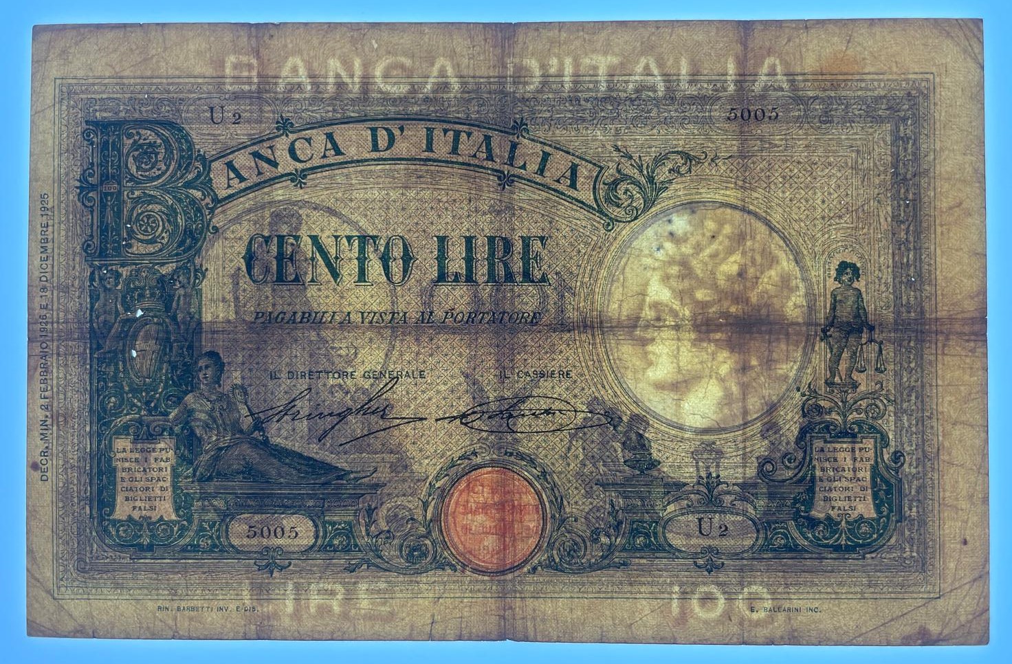 Banconota da 100 lire tipo Barbetti modificato azzurro d.m. 02.02.1926 (decreto) - immagine 3