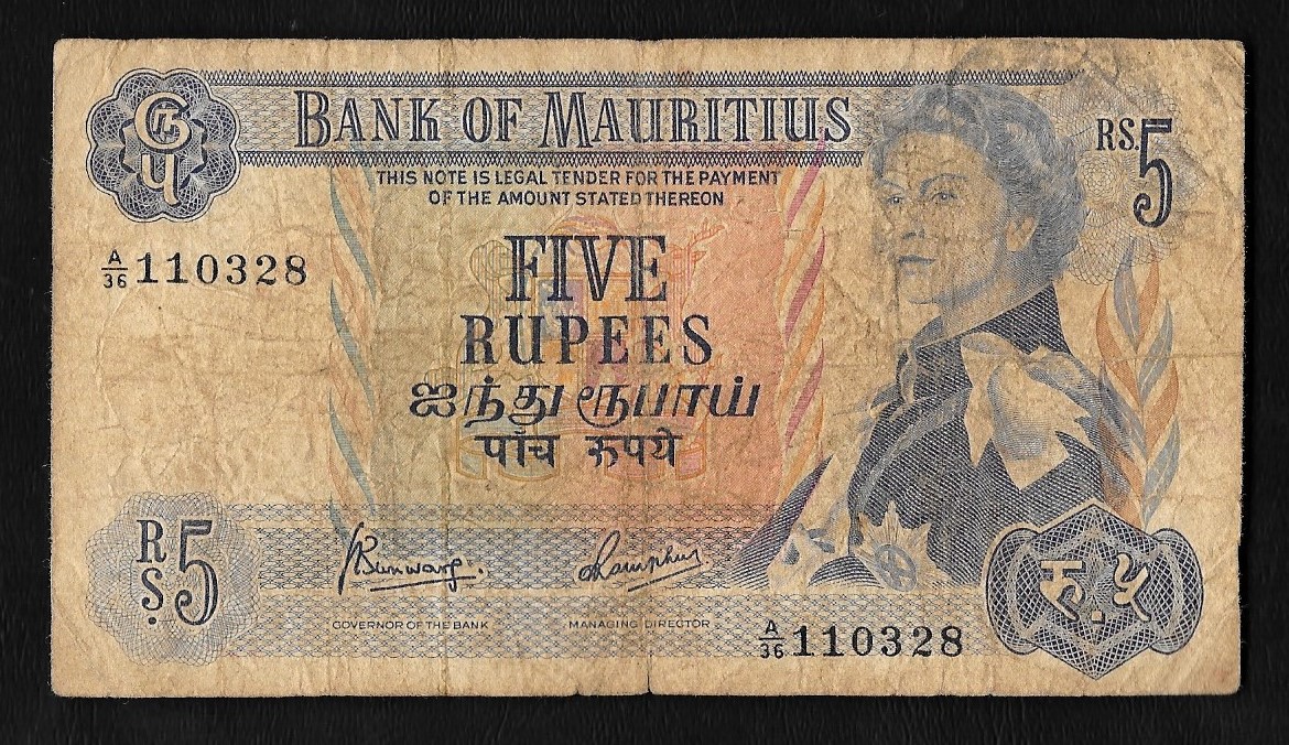 Banconota da 5 rupie Bank of Mauritius del 1973-1982 (Queen Elizabeth II)