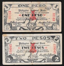 Coppia biglietti da 1 e 2 pesos del 1944 cartamoneta d'ermergenza per le Filippine (WW2)