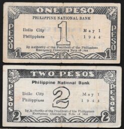 Alternative view of Coppia biglietti da 1 e 2 pesos del 1944 cartamoneta d'ermergenza per le Filippine (WW2)